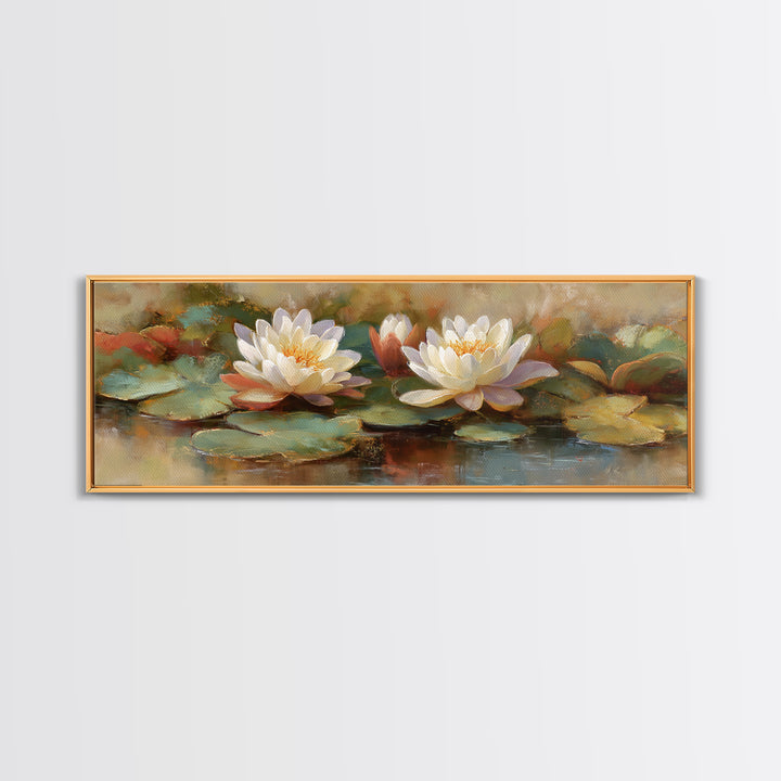 Water Lilies Floating on a Sunlit Pond Framed Canvas Print, Impressionist Art, Boho Decor, Living Room Decor, Oil Painting, IMP-3x1-89