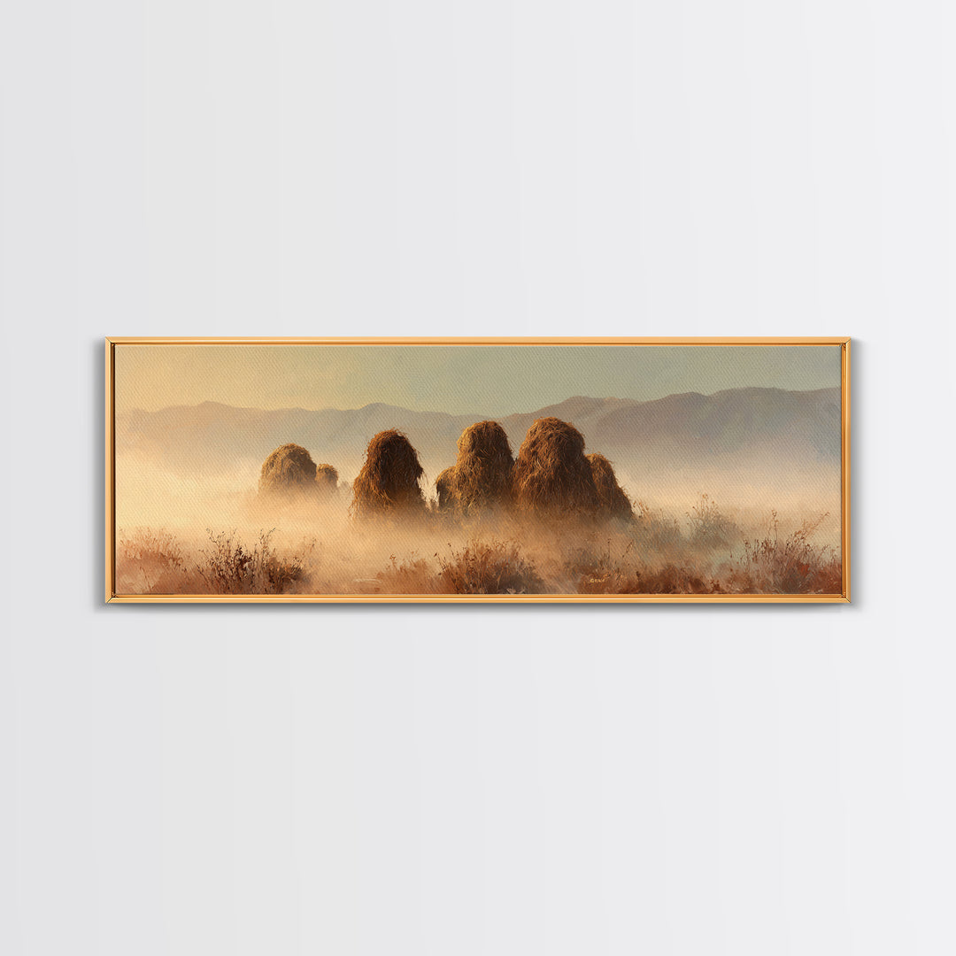 Haystacks Glowing at Golden Hour Canvas Print, Impressionist Art, Oil Painting, Living Room Decor, Impression, Coastal Wall Art, IMP-3x1-92