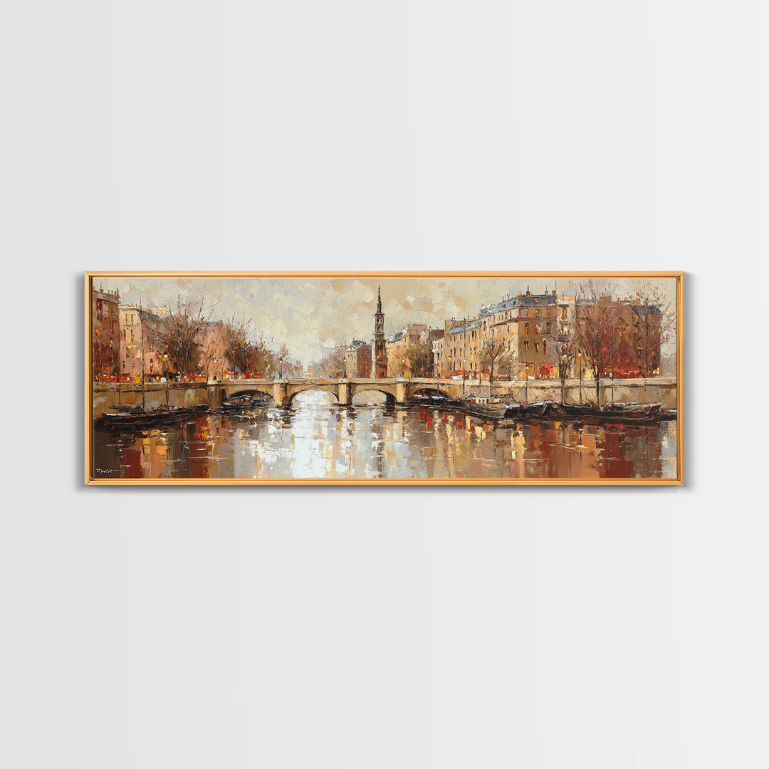 Paris Bridge Reflected Canvas Print, Impressionist Art, Oil Painting, Living Room Decor, Impression, Coastal Wall Art, IMP-3x1-95
