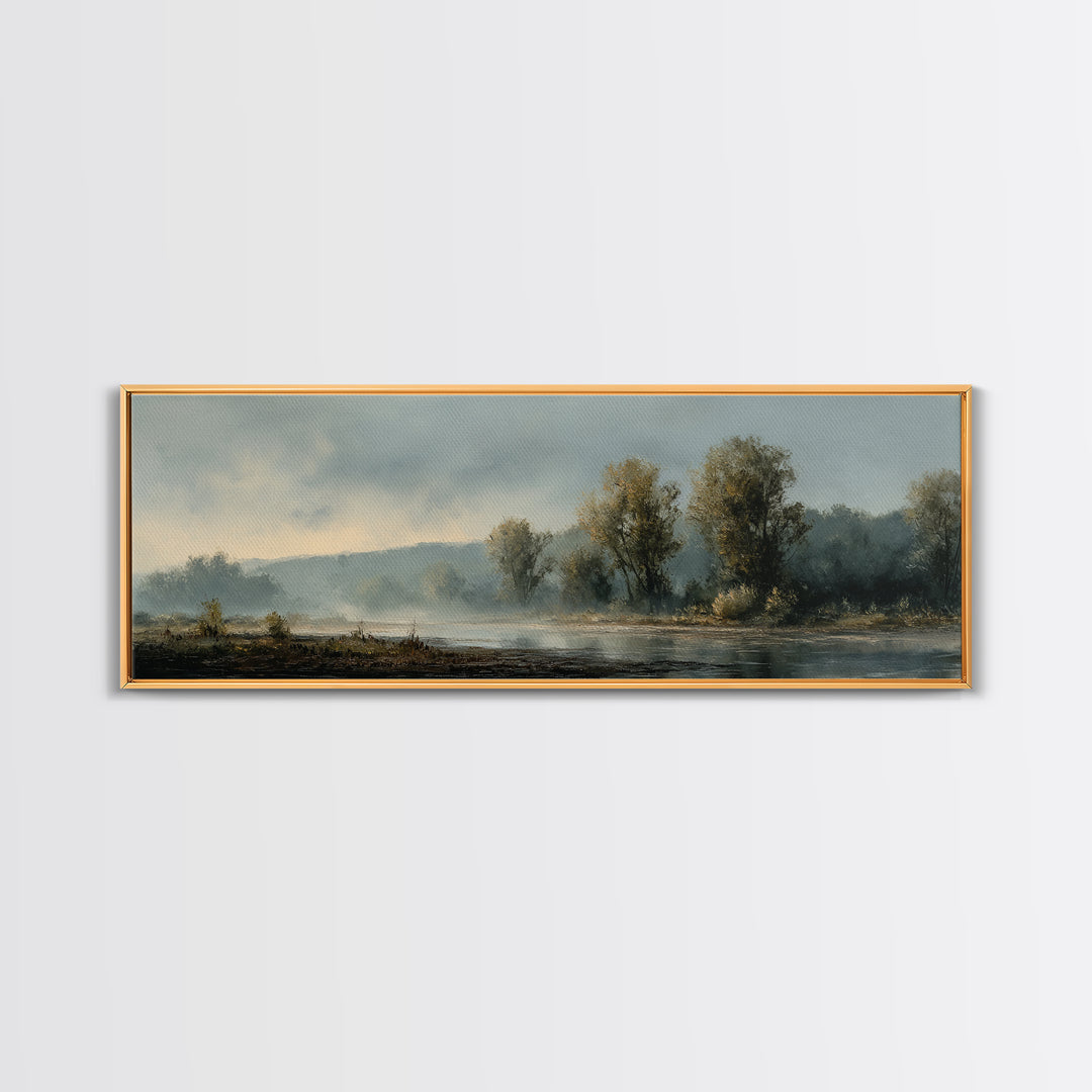 Misty Riverbank with Willow Trees Framed Canvas Print, Impressionist Art, Large Wall Art, Living Room Decor, Impression, IMP-3x1-99