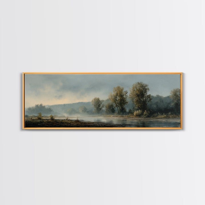 Misty Riverbank with Willow Trees Framed Canvas Print, Impressionist Art, Large Wall Art, Living Room Decor, Impression, IMP-3x1-99