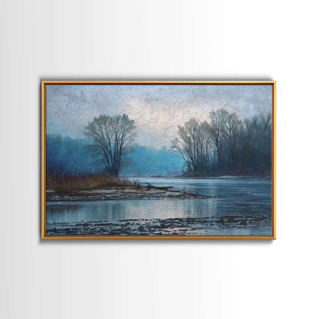Misty Riverbank with Willow Trees Framed Canvas Print, Impressionist Art, Coastal Wall Art, Living Room Decor, Impression, IMP-3x2-15