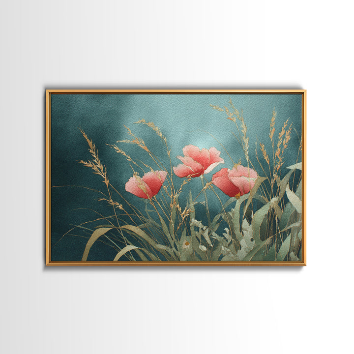 Poppies Blowing Through Green Grass Framed Canvas Print, Impressionist Art, Living Room Art, Living Room Decor, Oil Painting, IMP-3x2-40