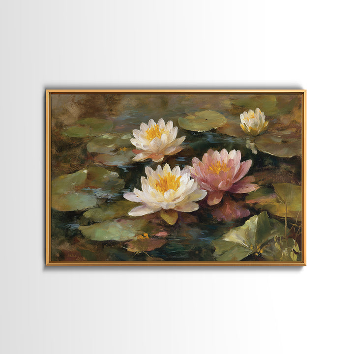Water Lilies Floating on a Sunlit Pond Canvas Print, Impressionist Art, Colorful Wall Art, Living Room Decor, Impression, IMP-3x2-5