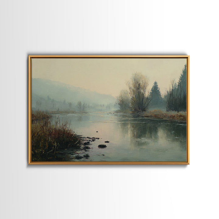 Misty Riverbank with Willow Trees Framed Canvas Print, Impressionist Art, Modern Art, Living Room Decor, Fine Art, Impression, IMP-3x2-63