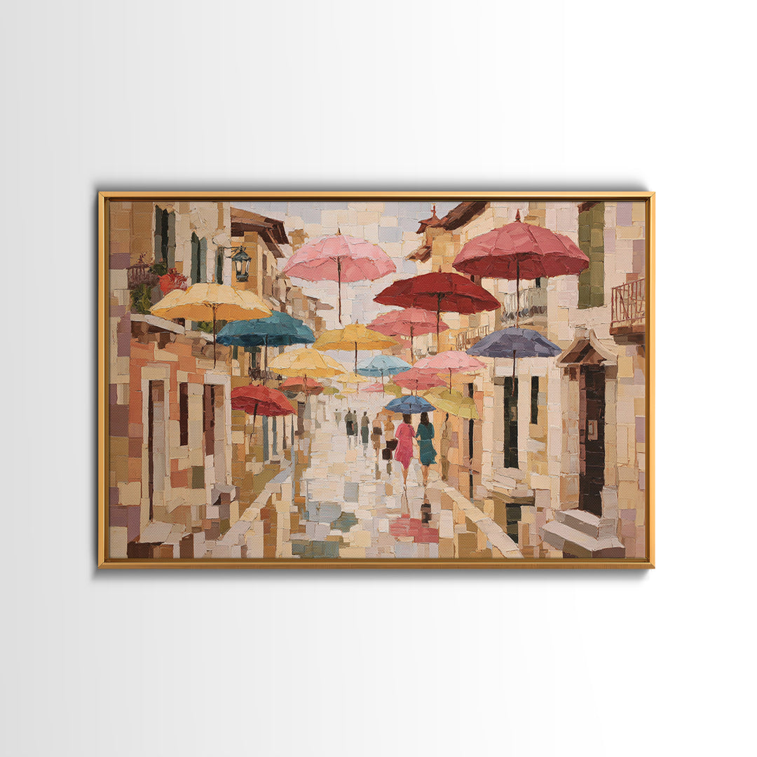 Rainy Boulevard with Umbrella Shapes Canvas Print, Impressionist Art, Neutral Decor, Living Room Decor, Fine Art, Impression, IMP-3x2-73