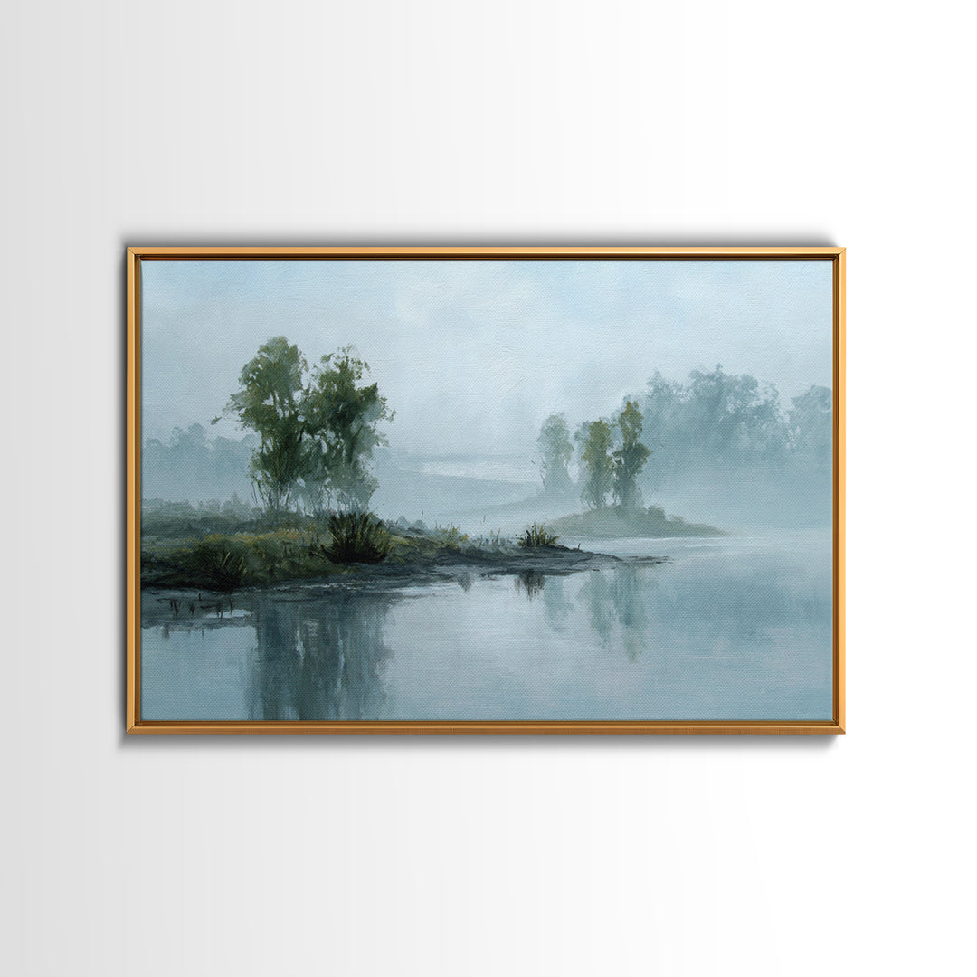 Misty Riverbank with Willow Trees Framed Canvas Print, Impressionist Art, Wall Decor, Living Room Decor, Fine Art, Impression, IMP-3x2-87