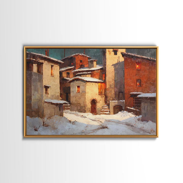 Snowy Village with Warm Glowing Windows Canvas Print, Impressionist Art, Boho Decor, Living Room Decor, Oil Painting, IMP-3x2-89