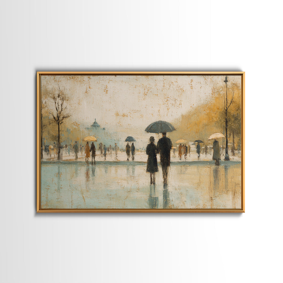 Rainy Boulevard with Umbrella Shapes Framed Canvas Print, Impressionist Art, Luxury Decor, Living Room Decor, Abstract Art, IMP-3x2-97