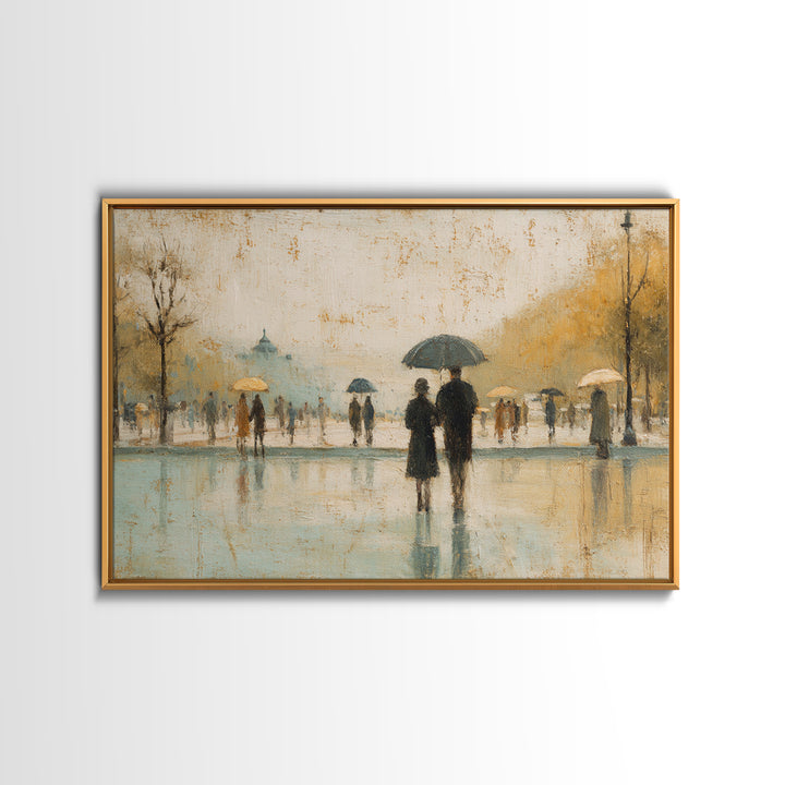 Rainy Boulevard with Umbrella Shapes Framed Canvas Print, Impressionist Art, Luxury Decor, Living Room Decor, Abstract Art, IMP-3x2-97