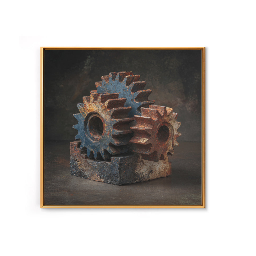 Rusted Gears Arranged as Sculptural Still Life Framed Canvas Print, Industrial Art, Room Decor, Living Room Decor, Foundry, IND-1x1-1