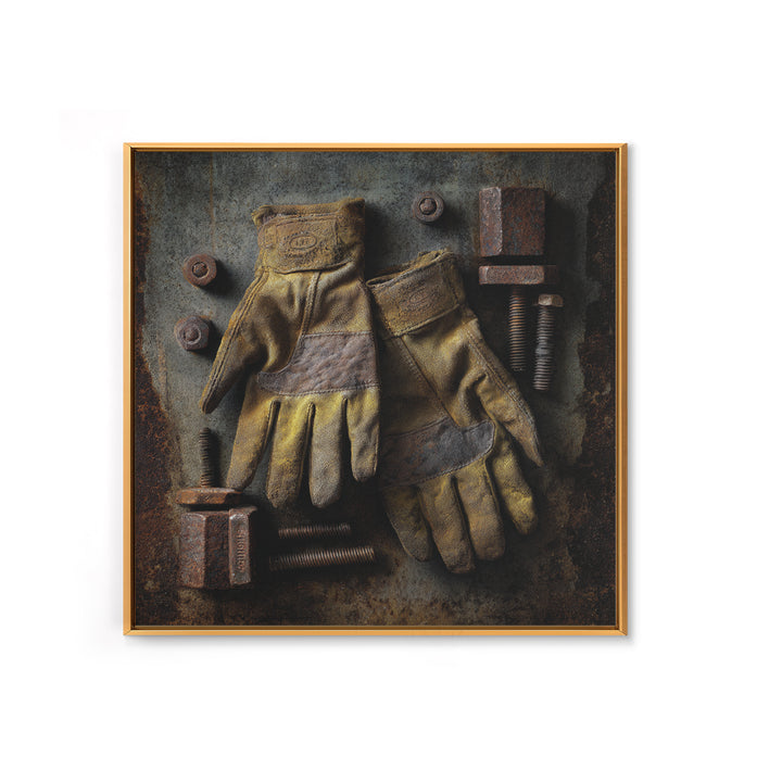 Worn Work Gloves and Bolts Arrangement Canvas Print, Industrial Art, Rustic Home Decor, Living Room Decor, Fine Art, Foundry, IND-1x1-18
