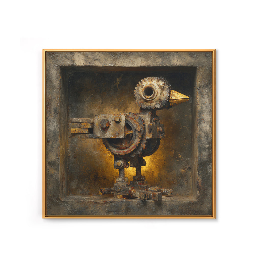Mechanical Bird Made from Gears Framed Canvas Print, Industrial Art, Living Room Art, Living Room Decor, Oil Painting, Foundry, IND-1x1-43