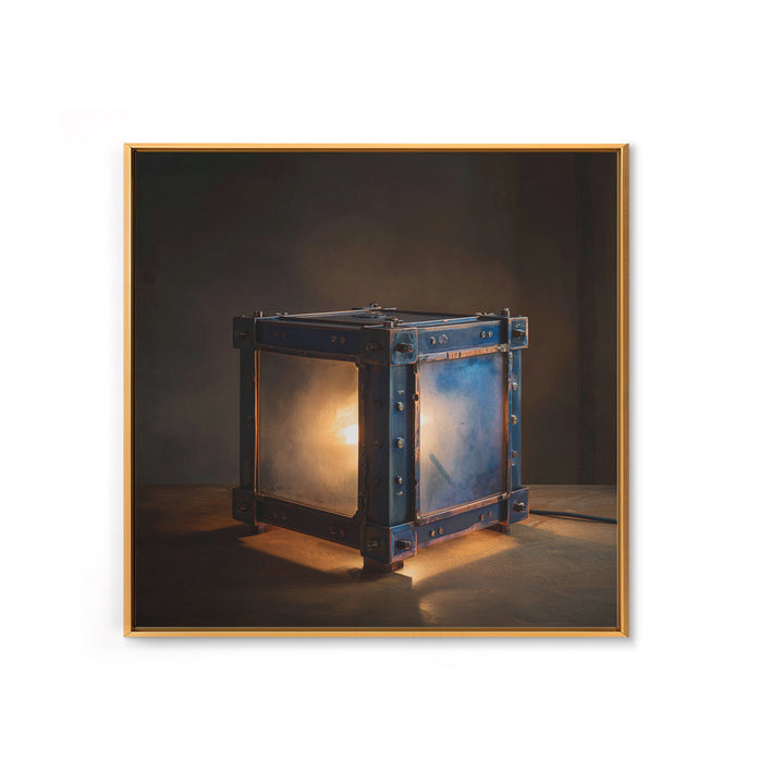 Industrial Lamp with Warm Glow Framed Canvas Print, Industrial Art, Metal Art, Living Room Decor, Foundry, Gallery Decor, IND-1x1-47