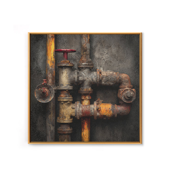 Metal Pipes and Valves as Graphic Composition Framed Canvas Print, Industrial Art, Wall Hanging, Living Room Decor, Foundry, IND-1x1-56