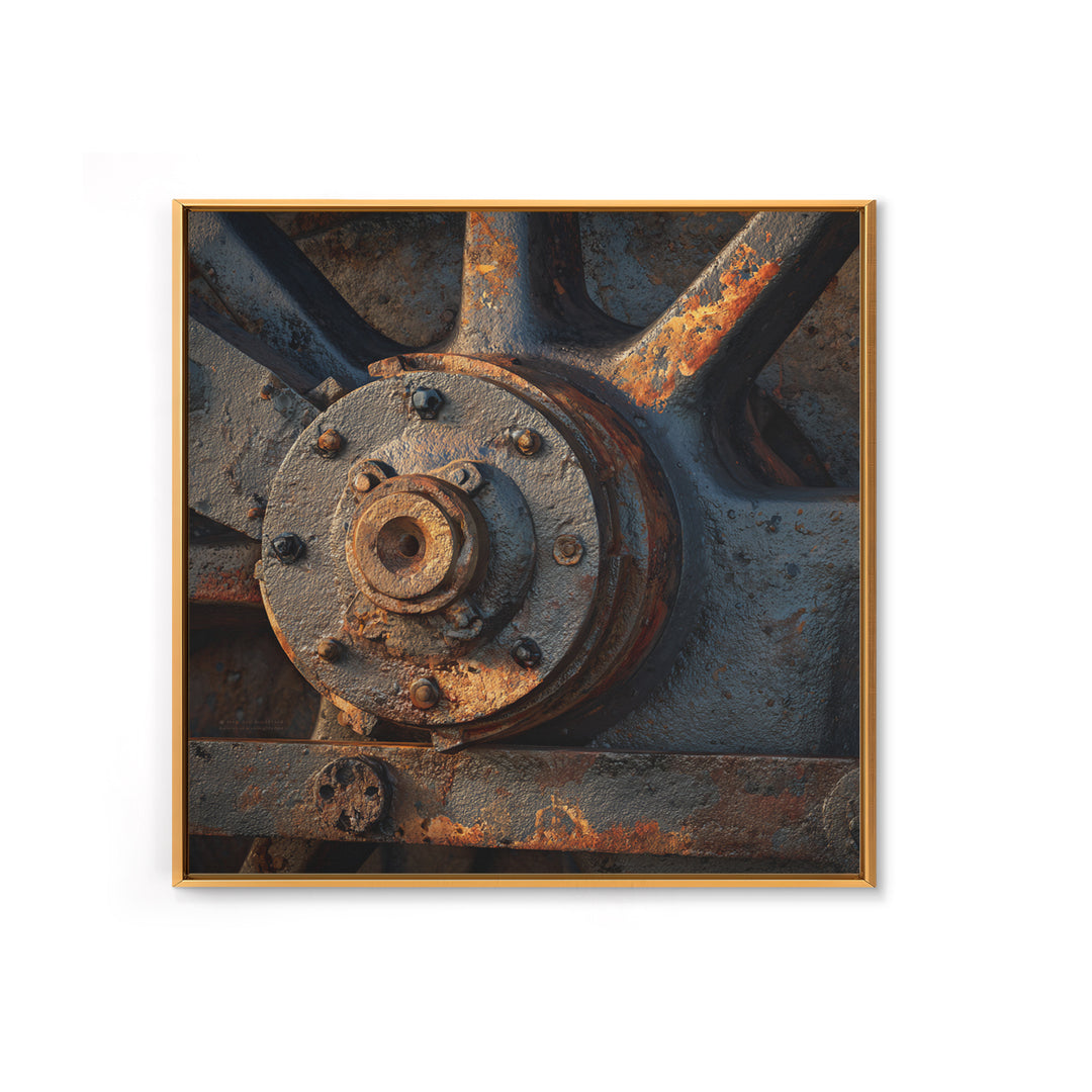 Steam Locomotive Wheel Closeup Framed Canvas Print, Industrial Art, Living Room Decor, Watercolor Art, Foundry, IND-1x1-6