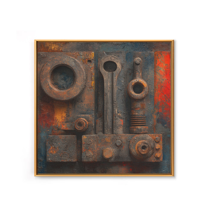 Brass Gauge and Machinery Still Life Framed Canvas Print, Industrial Art, Minimalist Decor, Living Room Decor, Oil Painting, IND-1x1-61