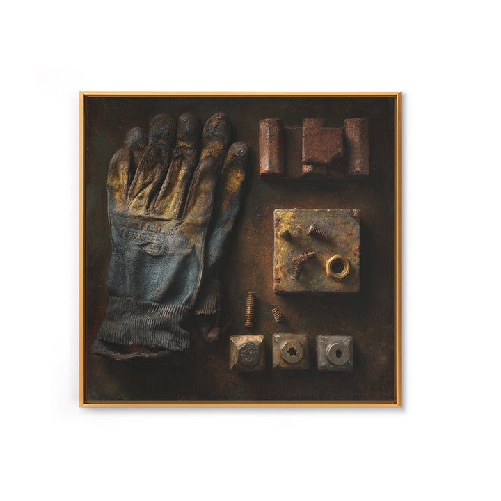 Worn Work Gloves and Bolts Arrangement Framed Canvas Print, Industrial Art, Texas Art, Living Room Decor, Abstract Art, Foundry, IND-1x1-66