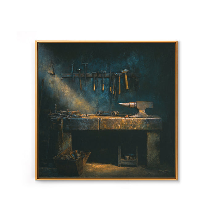 Blacksmith Tools on Dark Workbench Canvas Print, Industrial Art, Textured Painting, Living Room Decor, Oil Painting, Foundry, IND-1x1-82