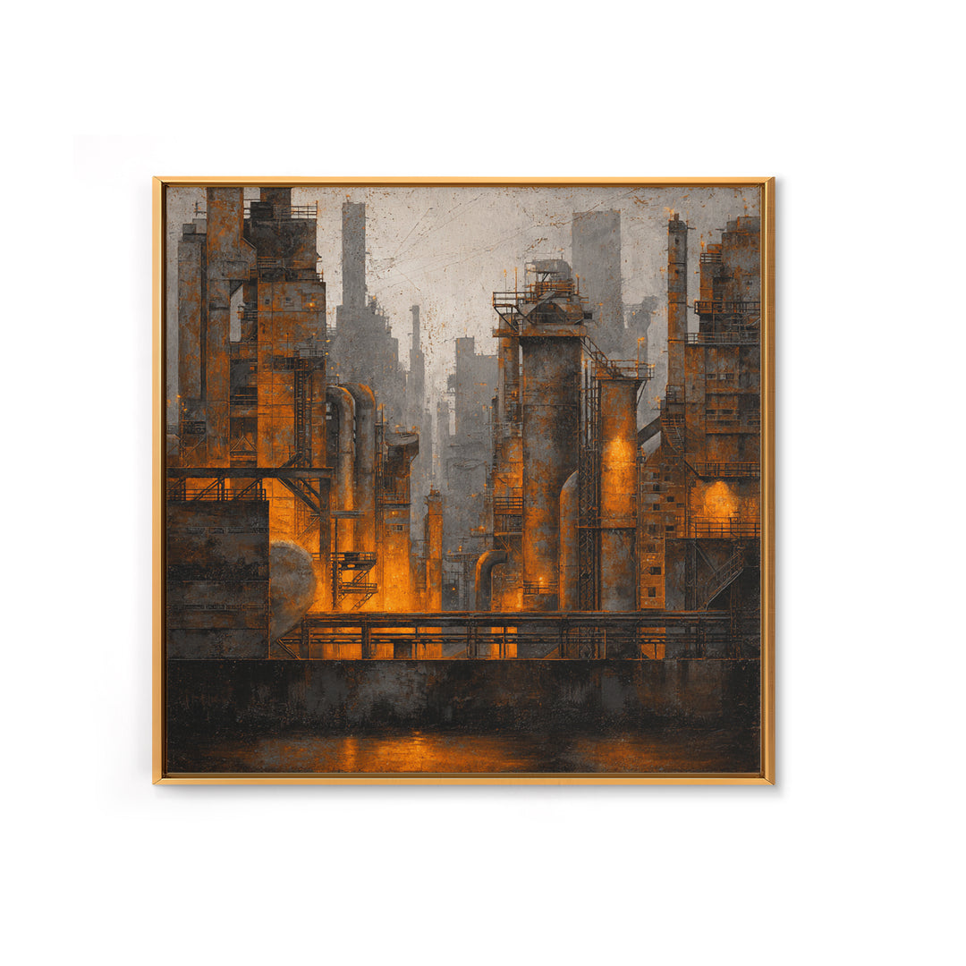 Industrial City Skyline Framed Canvas Print, Industrial Art, Bauhaus Poster, Living Room Decor, Fine Art, Foundry, IND-1x1-84