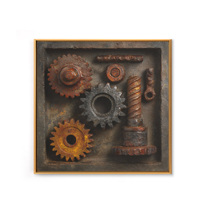 Rusted Gears Arranged as Sculptural Still Life Canvas Print, Industrial Art, Abstract Art, Living Room Decor, Oil Painting, IND-1x1-97