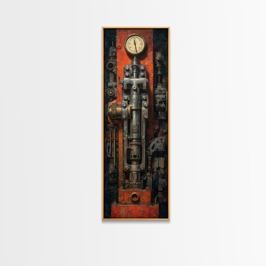 Brass Gauge and Machinery Still Life Canvas Print, Industrial Art, Textured Painting, Living Room Decor, Fine Art, Foundry, IND-1x3-49