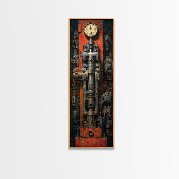 Brass Gauge and Machinery Still Life Canvas Print, Industrial Art, Textured Painting, Living Room Decor, Fine Art, Foundry, IND-1x3-49
