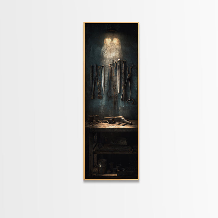 Blacksmith Tools on Dark Workbench Framed Canvas Print, Industrial Art, Luxury Decor, Living Room Decor, Fine Art, Foundry, IND-1x3-70