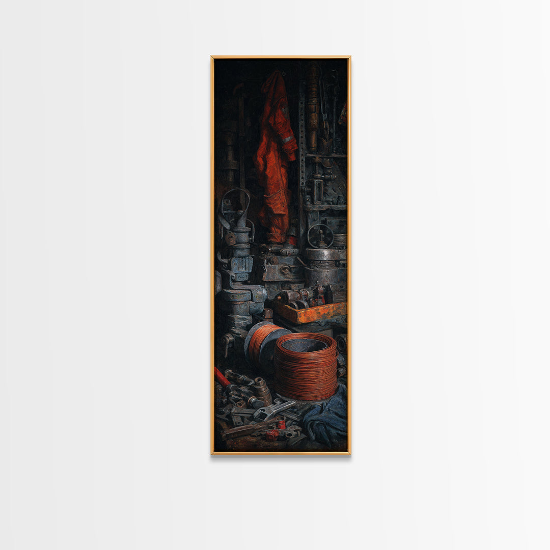 Copper Wire Coil and Tools Composition Framed Canvas Print, Industrial Art, Gallery Decor, Living Room Decor, Fine Art, Foundry, IND-1x3-80