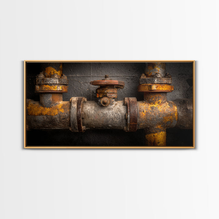 Metal Pipes and Valves as Graphic Composition Framed Canvas Print, Industrial Art, Living Room Art, Living Room Decor, Foundry, IND-2x1-100