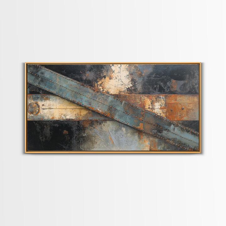 Steel Beams Crossing Like Abstract Lines Framed Canvas Print, Industrial Art, Wall Hanging, Living Room Decor, Abstract Art, IND-2x1-13
