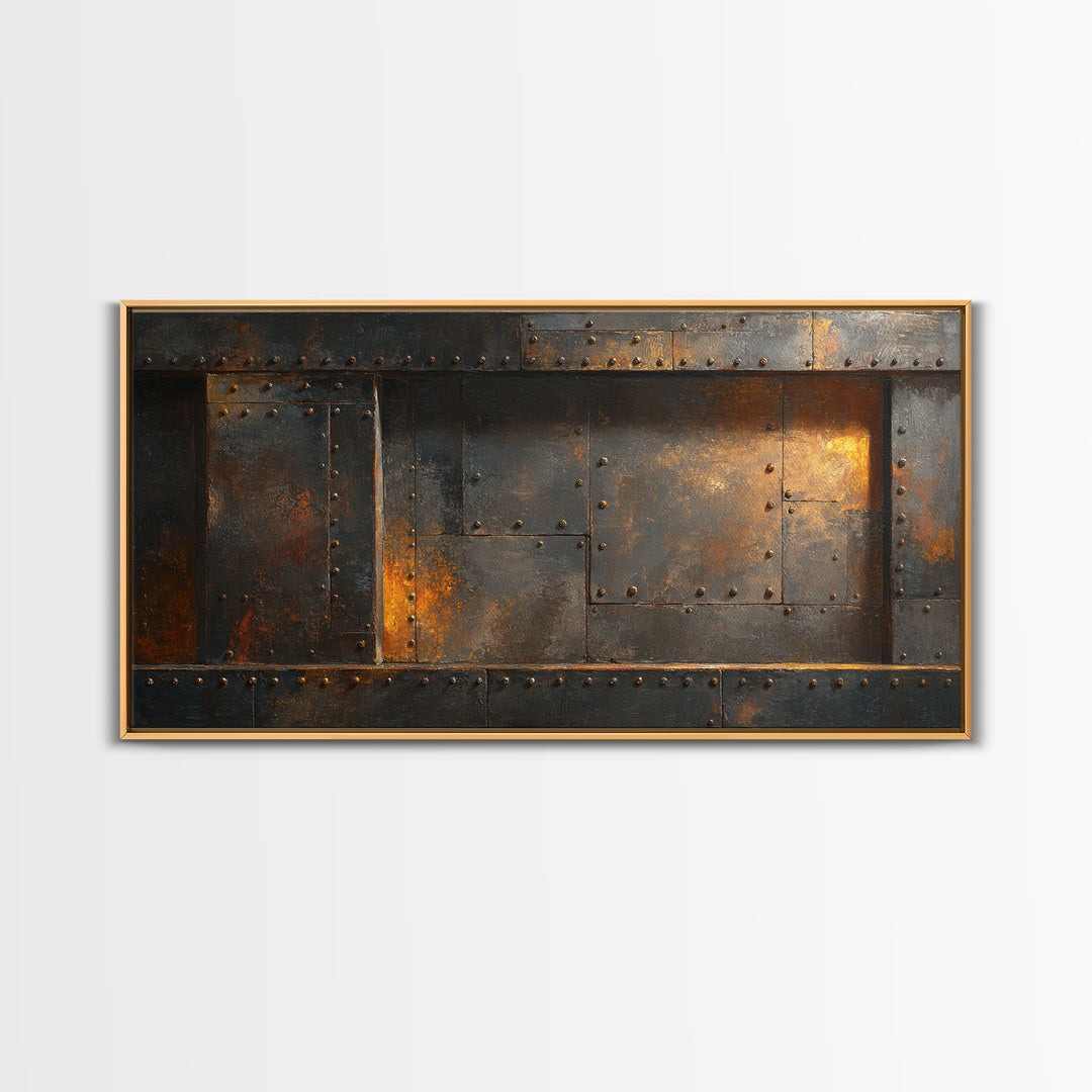Riveted Metal Panel Texture Study Framed Canvas Print, Industrial Art, Wall Art, Living Room Decor, Fine Art, Foundry, IND-2x1-18