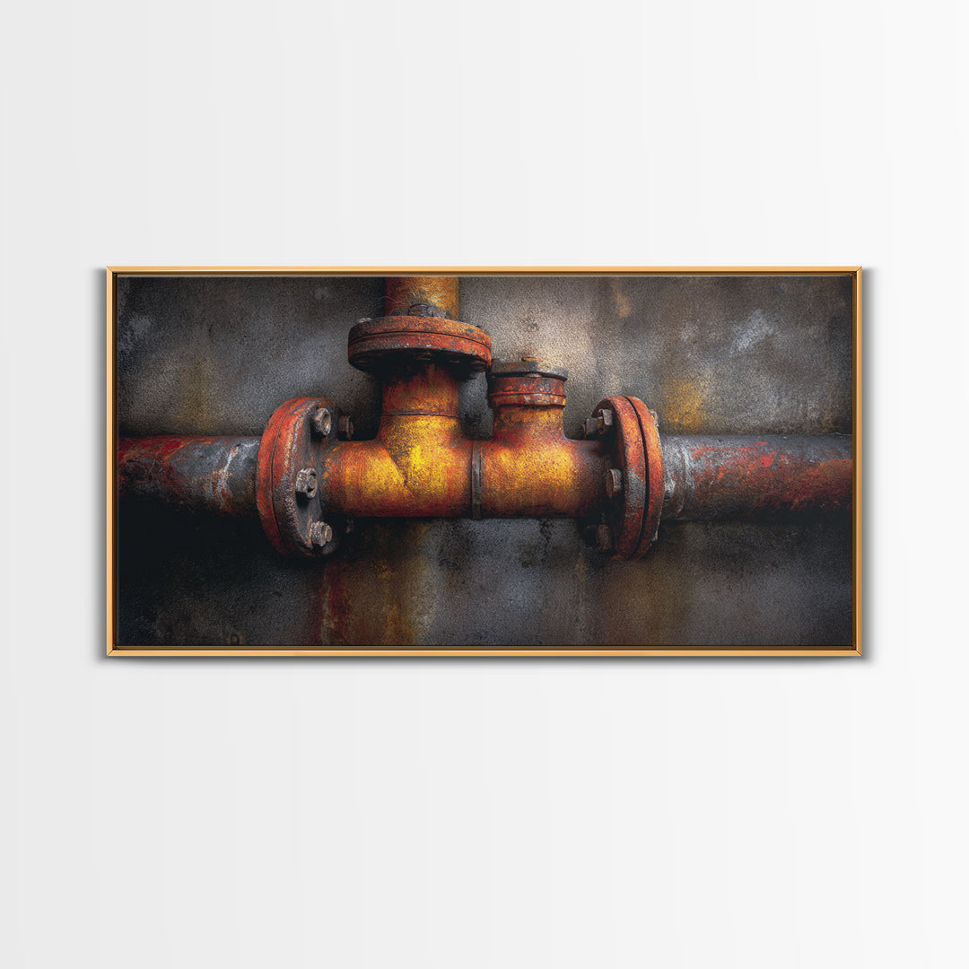 Metal Pipes and Valves as Graphic Composition Framed Canvas Print, Industrial Art, Wall Art, Living Room Decor, Foundry, IND-2x1-28