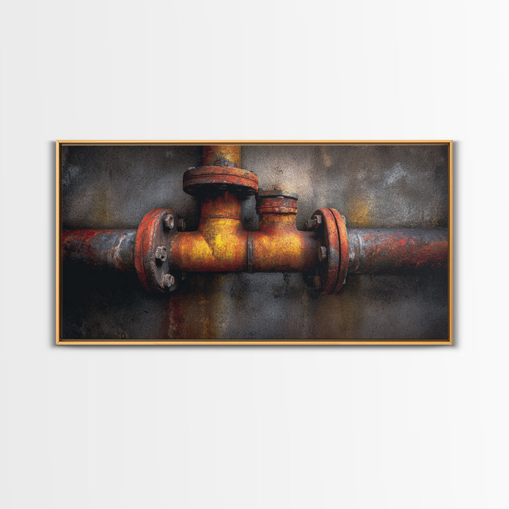 Metal Pipes and Valves as Graphic Composition Framed Canvas Print, Industrial Art, Wall Art, Living Room Decor, Foundry, IND-2x1-28
