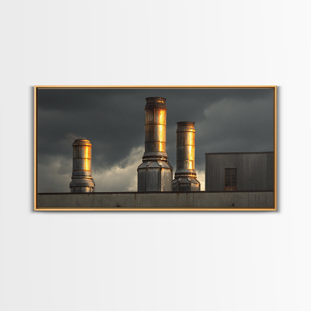 Factory Smokestacks with Moody Sky Canvas Print, Industrial Art, Abstract Art, Living Room Decor, Foundry, Bauhaus Poster, IND-2x1-31