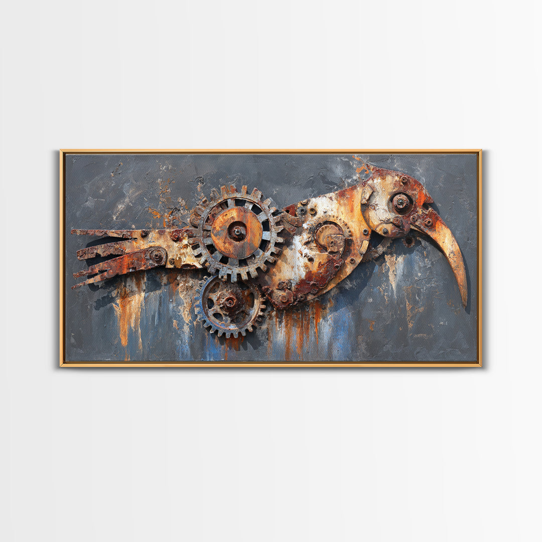 Mechanical Bird Made from Gears Canvas Print, Industrial Art, Original Painting, Living Room Decor, Oil Painting, Foundry, IND-2x1-39