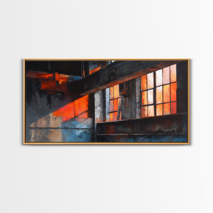 Old Factory Window Framed Canvas Print, Industrial Art, Art Prints, Living Room Decor, Fine Art, Foundry, Abstract Painting, IND-2x1-46