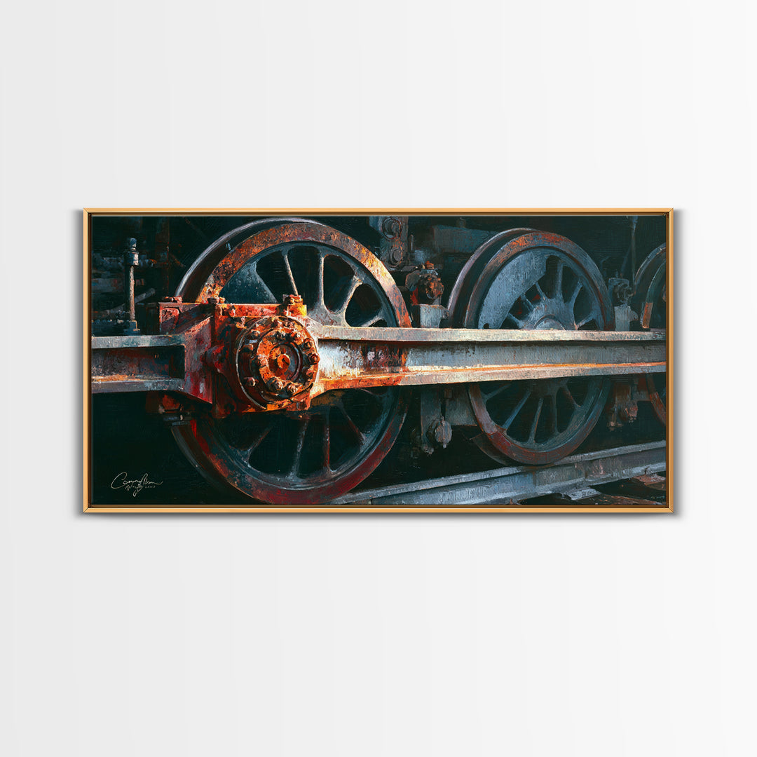 Steam Locomotive Wheel Closeup Framed Canvas Print, Industrial Art, Art Print, Living Room Decor, Fine Art, Foundry, Modern Art, IND-2x1-50