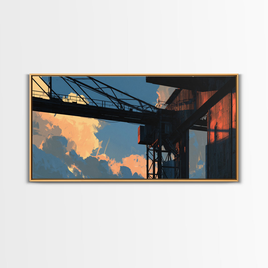 Warehouse Crane Silhouette Framed Canvas Print, Industrial Art, Metal Art, Living Room Decor, Watercolor Art, Foundry, IND-2x1-51