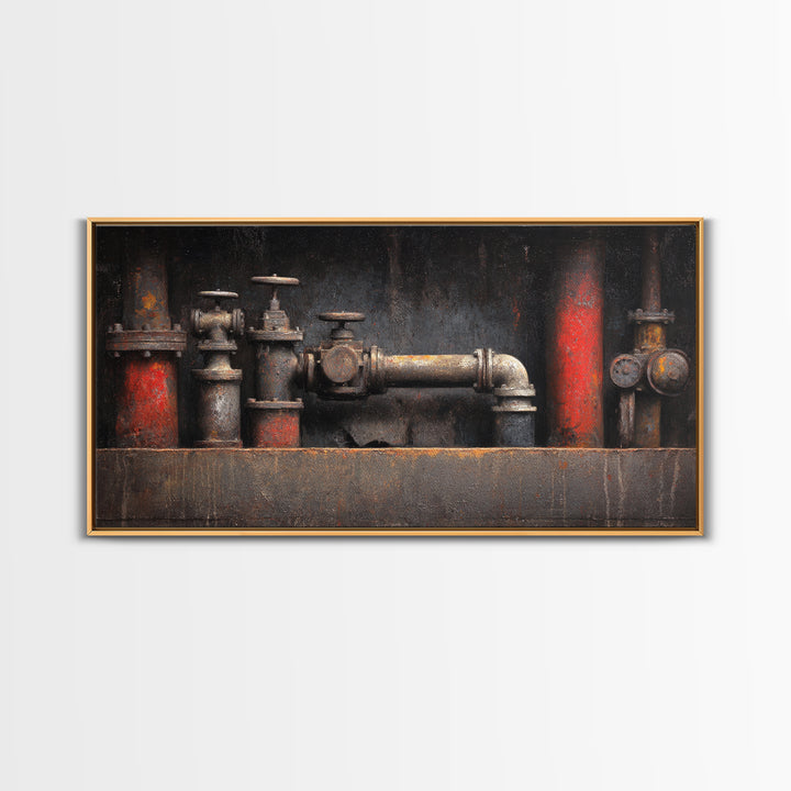 Metal Pipes and Valves as Graphic Composition Canvas Print, Industrial Art, Digital Prints, Living Room Decor, Foundry, IND-2x1-52