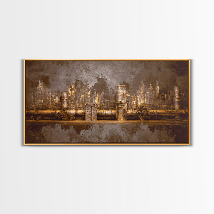Industrial City Skyline Framed Canvas Print, Industrial Art, Living Room Decor, Abstract Art, Foundry, Abstract Painting, IND-2x1-56