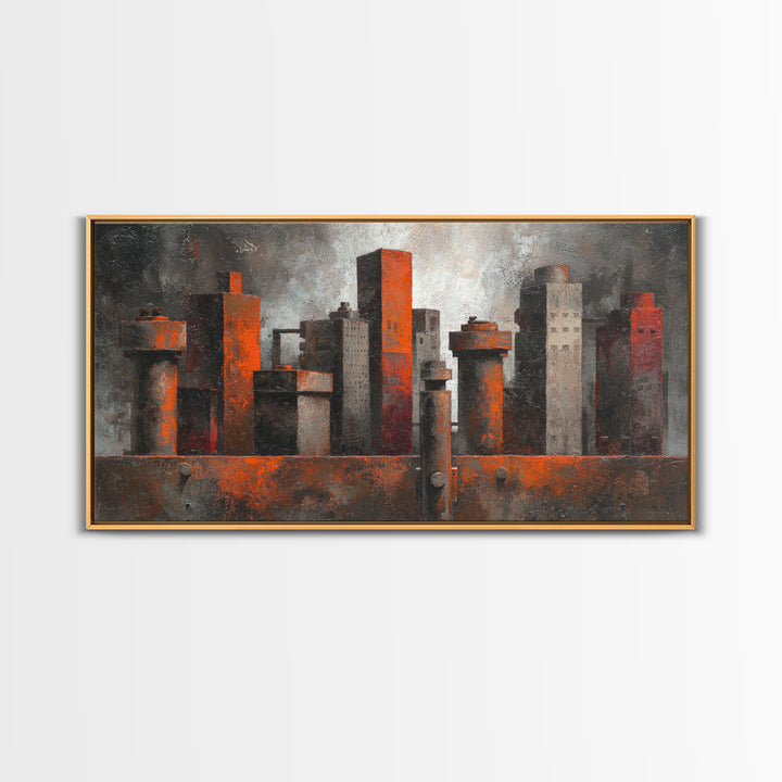 Industrial City Skyline Framed Canvas Print, Industrial Art, Luxury Decor, Living Room Decor, Abstract Art, Foundry, Art Print, IND-2x1-8