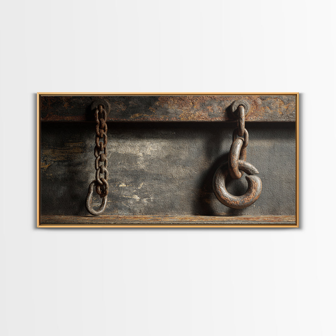 Chain and Hook Still Life Framed Canvas Print, Industrial Art, Abstract Painting, Living Room Decor, Fine Art, Foundry, IND-2x1-84