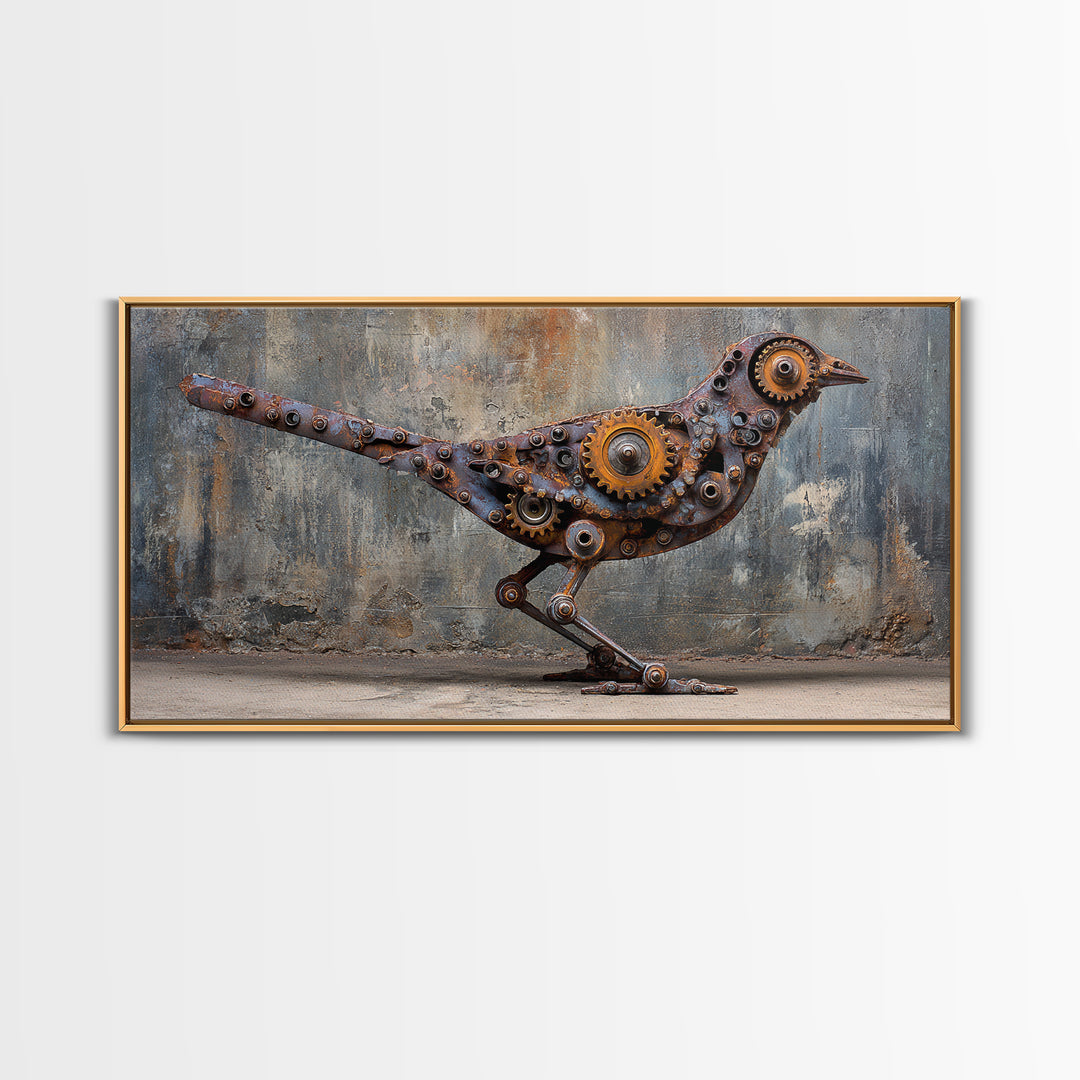 Mechanical Bird Made from Gears Framed Canvas Print, Industrial Art, Contemporary Art, Living Room Decor, Fine Art, Foundry, IND-2x1-87