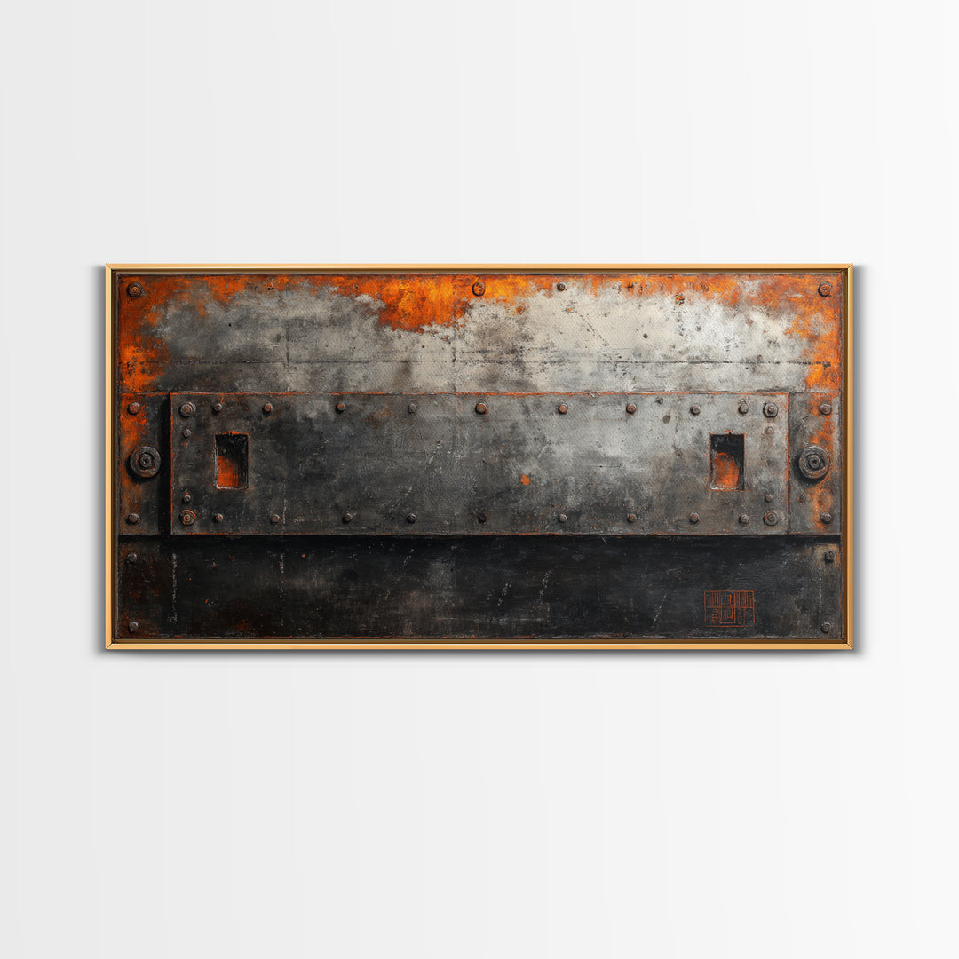 Riveted Metal Panel Texture Study Framed Canvas Print, Industrial Art, Wall Hanging, Living Room Decor, Oil Painting, Foundry, IND-2x1-90