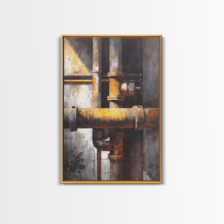 Metal Pipes and Valves as Graphic Composition Canvas Print, Industrial Art, Textured Painting, Living Room Decor, Foundry, IND-2x3-16