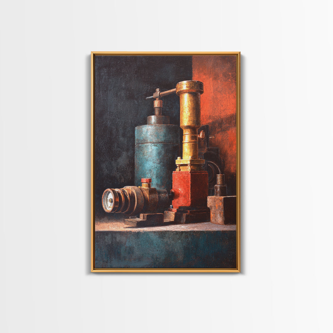 Brass Gauge and Machinery Still Life Framed Canvas Print, Industrial Art, Textured Wall Art, Living Room Decor, Oil Painting, IND-2x3-21