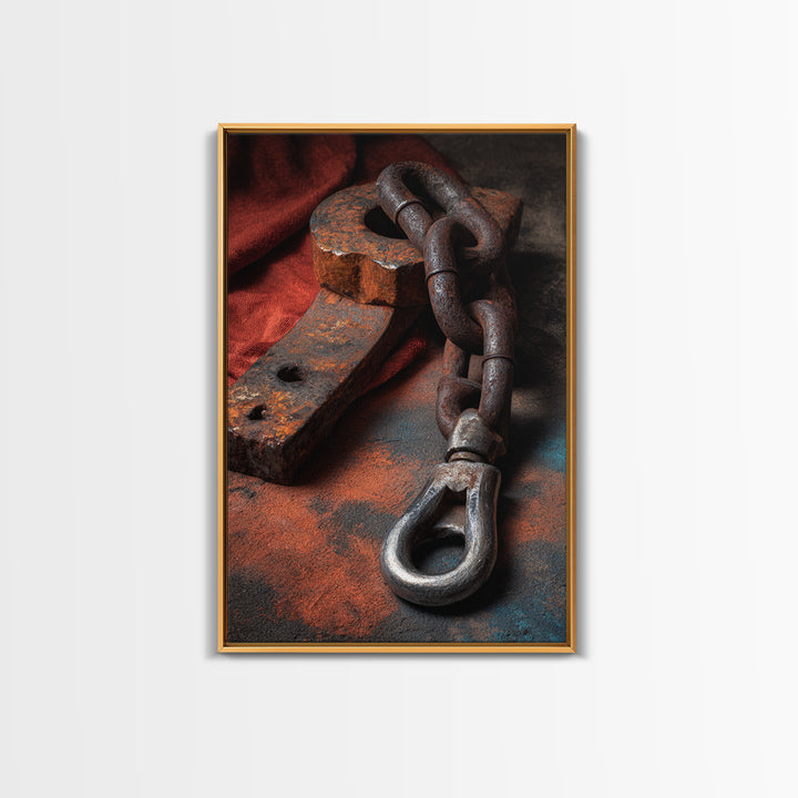 Chain and Hook Still Life Framed Canvas Print, Industrial Art, Minimalist Decor, Living Room Decor, Fine Art, Foundry, IND-2x3-24