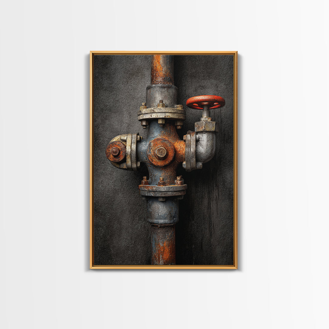 Metal Pipes and Valves as Graphic Composition Canvas Print, Industrial Art, Printables, Living Room Decor, Fine Art, Foundry, IND-2x3-40