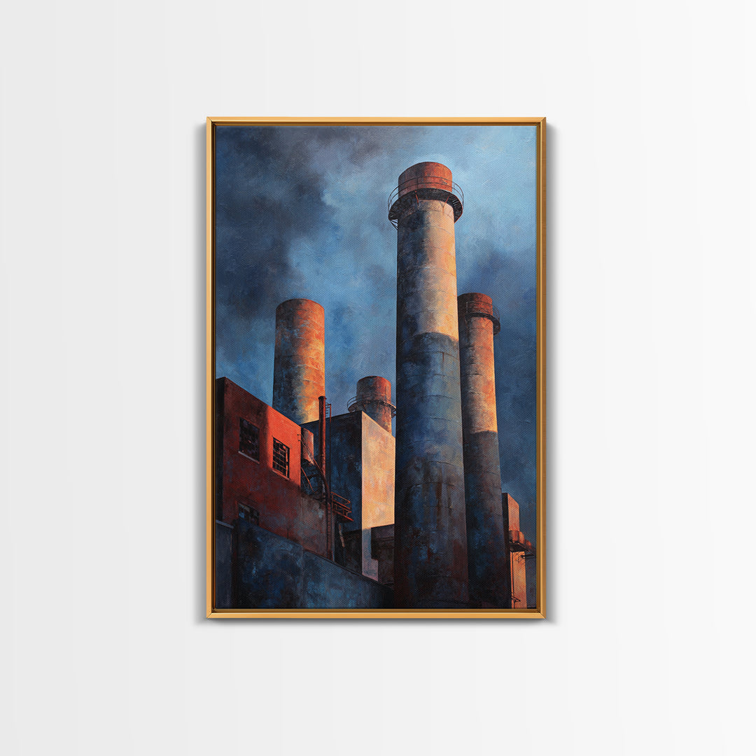 Factory Smokestacks with Moody Sky Framed Canvas Print, Industrial Art, Large Art, Living Room Decor, Fine Art, Foundry, IND-2x3-43